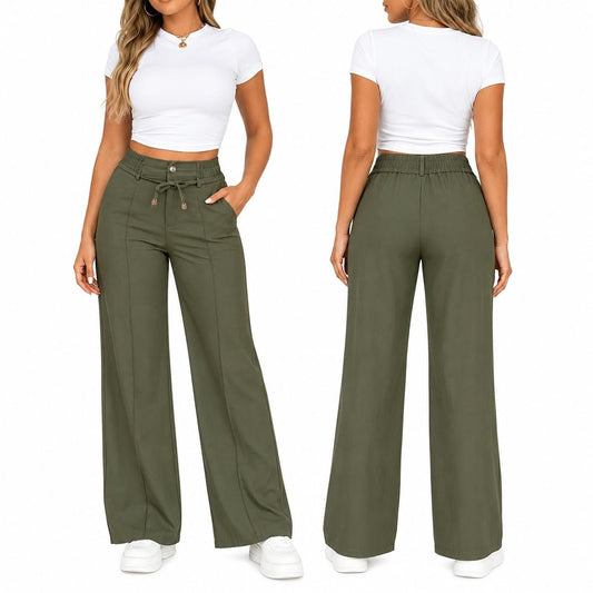 Women's High Waisted Wide Leg Pants with Drawstring and Front Seam