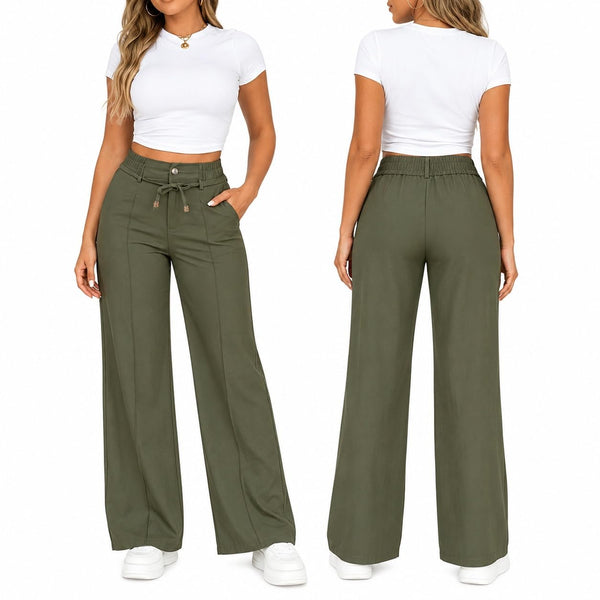 Women's High Waisted Wide Leg Pants with Drawstring and Front Seam