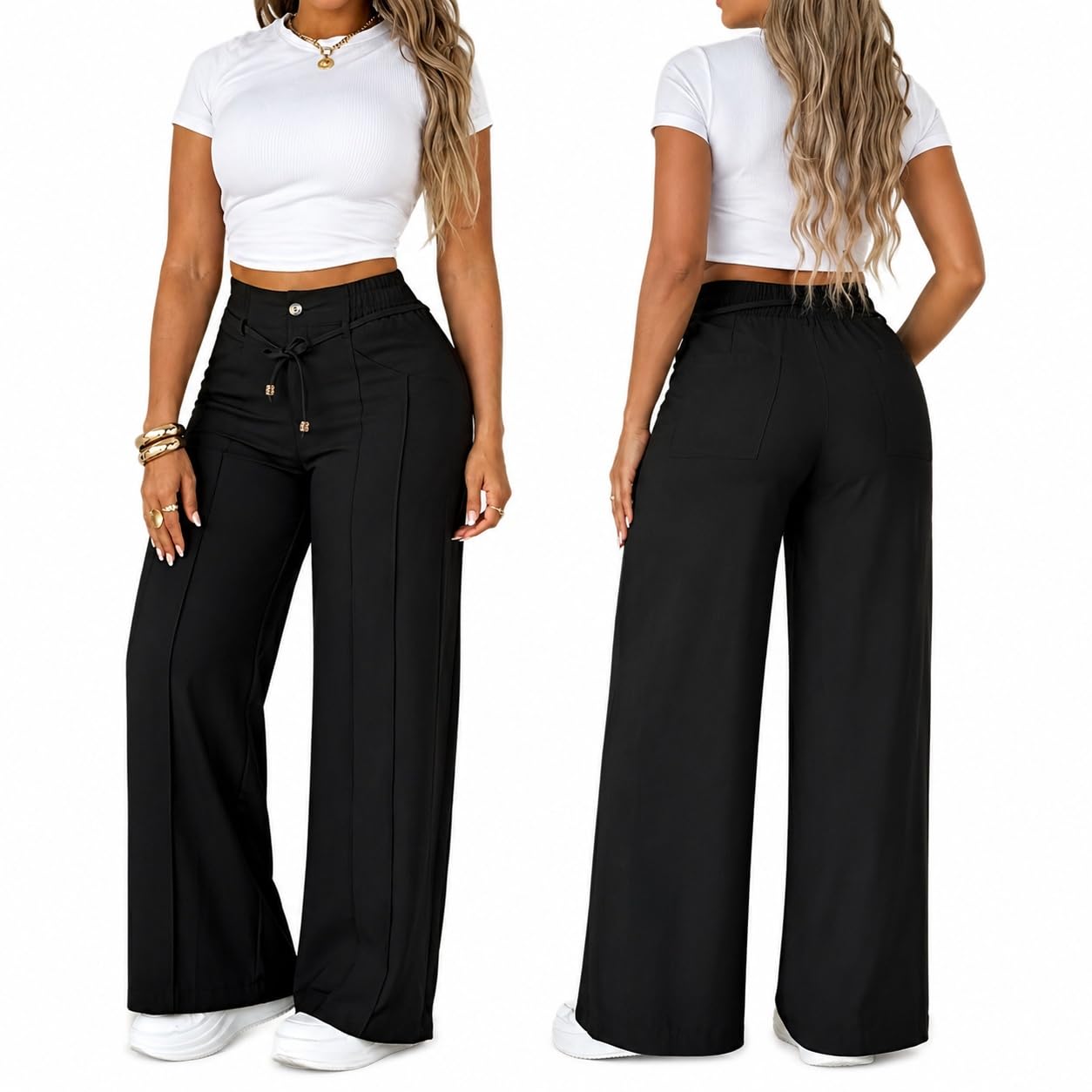 Women's High Waisted Wide Leg Pants with Drawstring and Front Seam