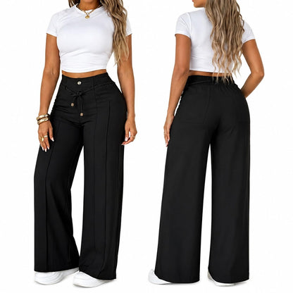 Women's High Waisted Wide Leg Pants with Drawstring and Front Seam