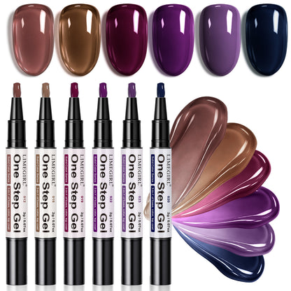 6 Color One Step Gel Nail Polish Pen Set,3-in-1 Solid Color Nail Art Pen