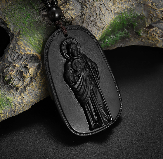 Classic Obsidian Catholic San Benito Statue Pendant Necklace