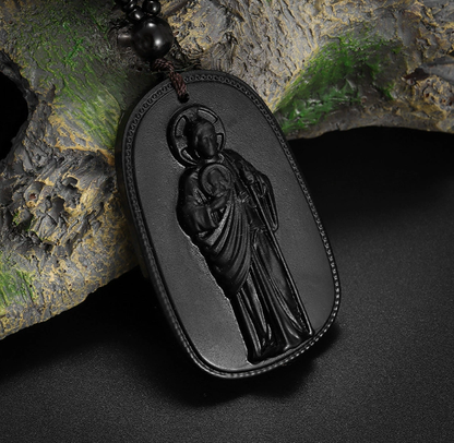 Classic Obsidian Catholic San Benito Statue Pendant Necklace