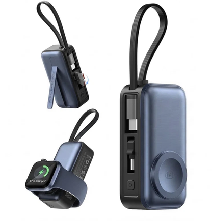3-in-1 5000mAh Portable Charger with Built-in USB-C Cable | Mini Power Bank for Apple Watch