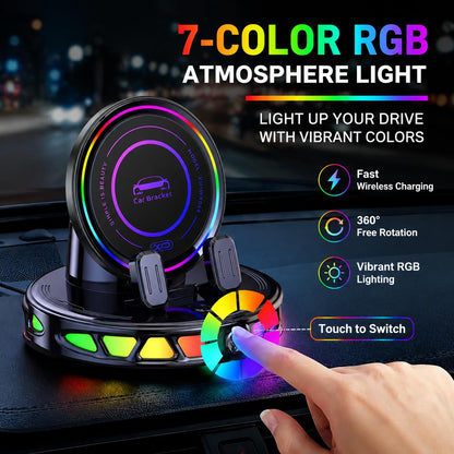 360° Rotating Strong Suction Car Mount Charger with 7-Color RGB Light