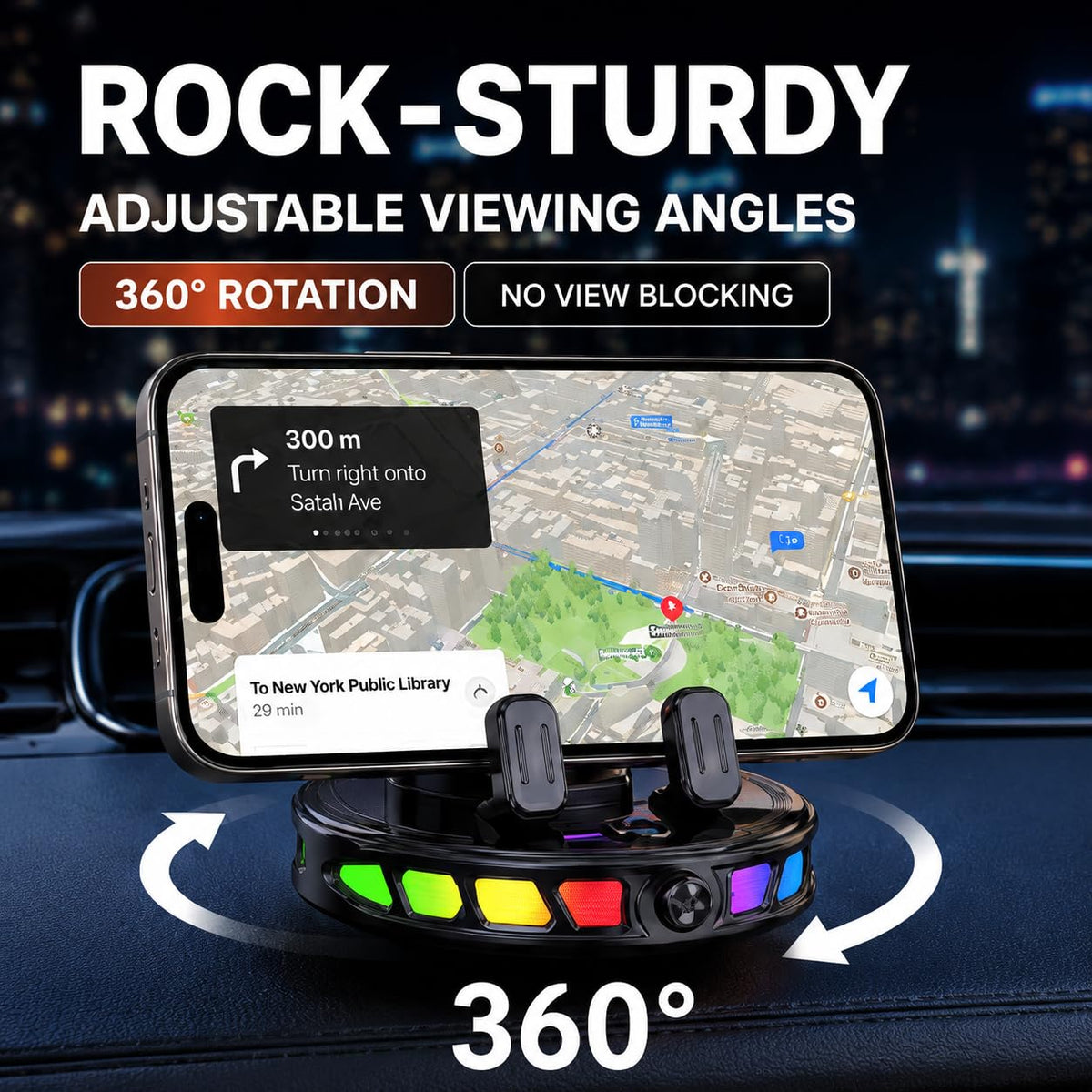 360° Rotating Strong Suction Car Mount Charger with 7-Color RGB Light