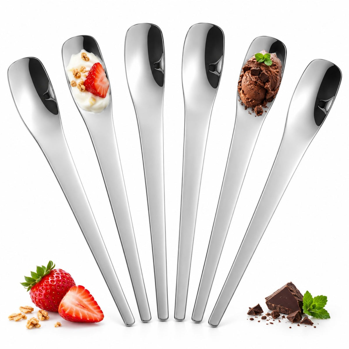 6 Pcs 316L Stainless Steel Dessert Spade Spoon, Long Handle for Cake and Yogurt