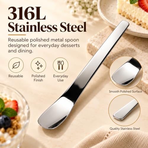 6 Pcs 316L Stainless Steel Dessert Spade Spoon, Long Handle for Cake and Yogurt