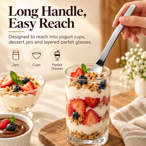 6 Pcs 316L Stainless Steel Dessert Spade Spoon, Long Handle for Cake and Yogurt