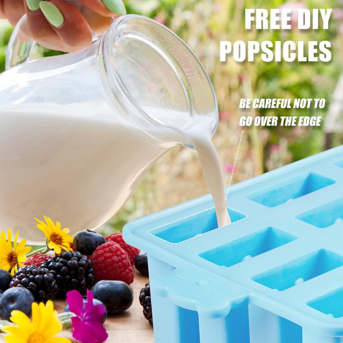 12 Cavity Ice Stick Mold with 50Pcs Popsicle Sticks, Food Grade Silicone Easy-Release