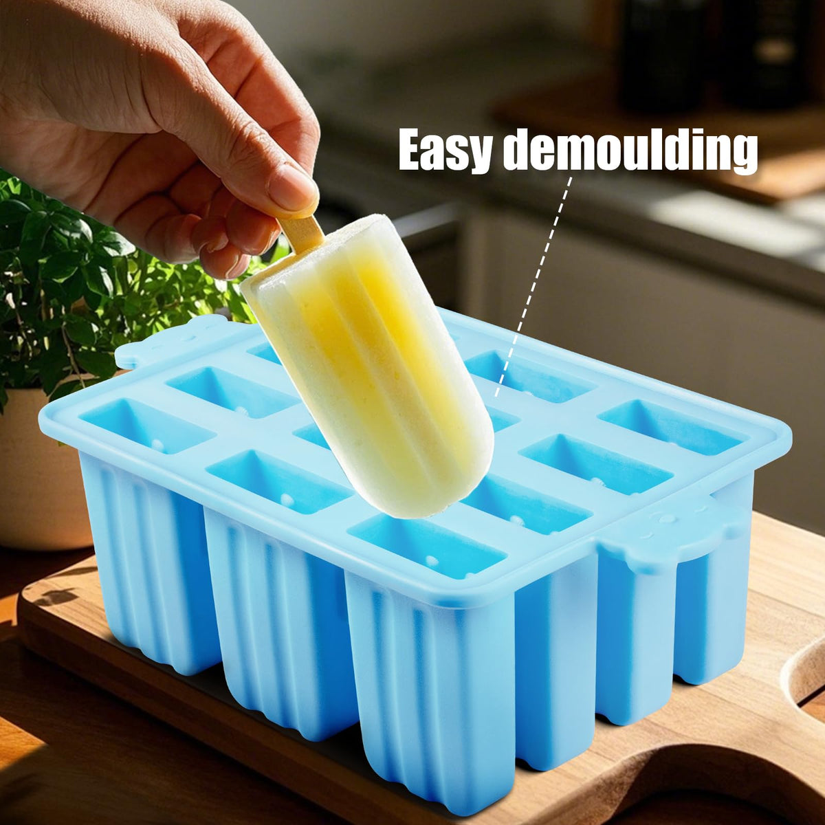12 Cavity Ice Stick Mold with 50Pcs Popsicle Sticks, Food Grade Silicone Easy-Release