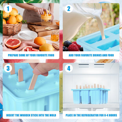 12 Cavity Ice Stick Mold with 50Pcs Popsicle Sticks, Food Grade Silicone Easy-Release