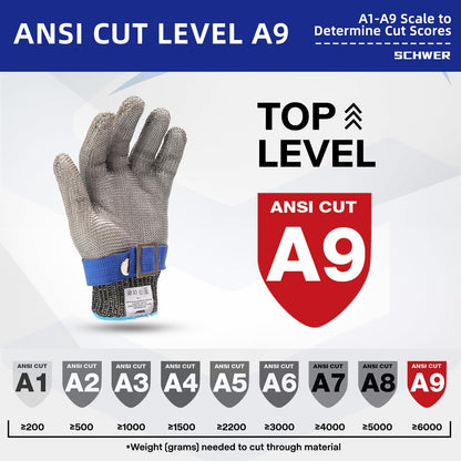 A9 Cut Resistant Chainmail Gloves, Stainless Steel Mesh Metal Glove with Adjustable Wrist Buckle