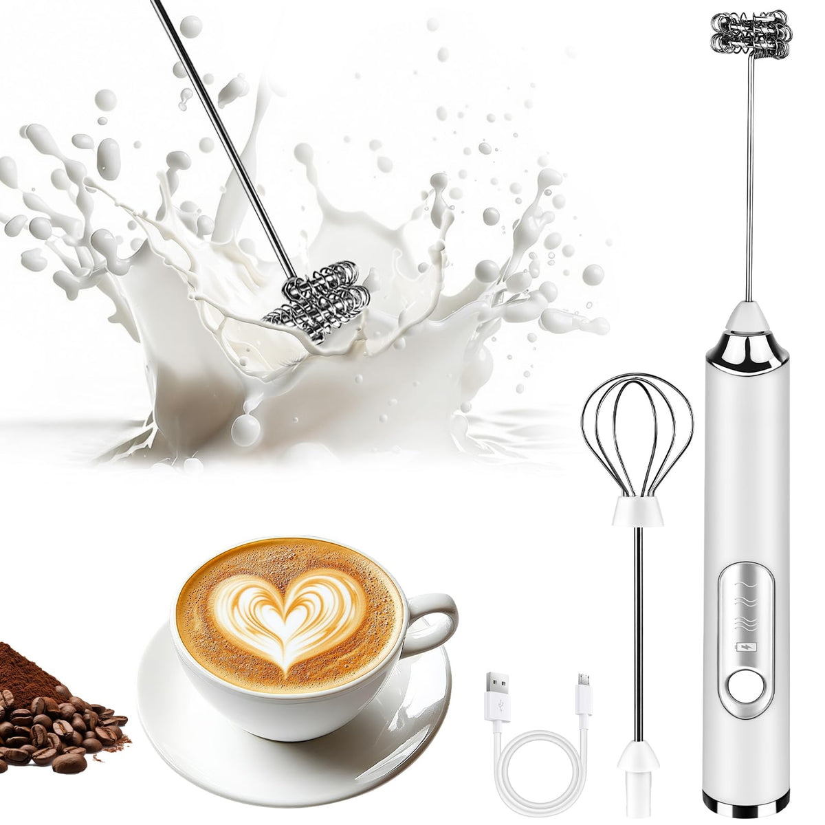 2-in-1 Handheld Electric Coffee Frother, Adjustable Speed Milk Mixer