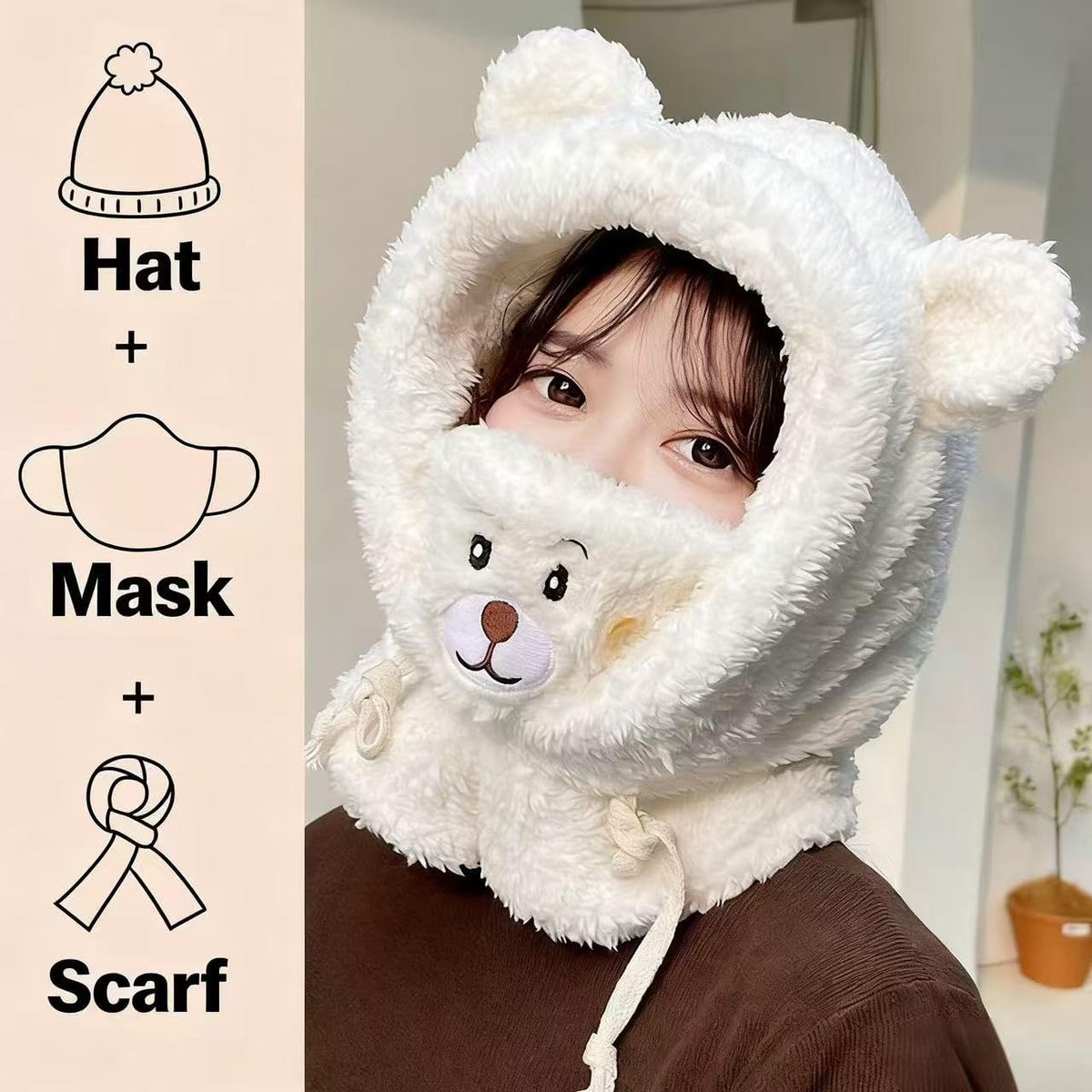 Women's Cute Bear Warm Knit Hat, All-in-One Windproof Winter Scarf and Outdoor Hood
