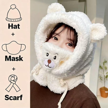 Women's Cute Bear Warm Knit Hat, All-in-One Windproof Winter Scarf and Outdoor Hood