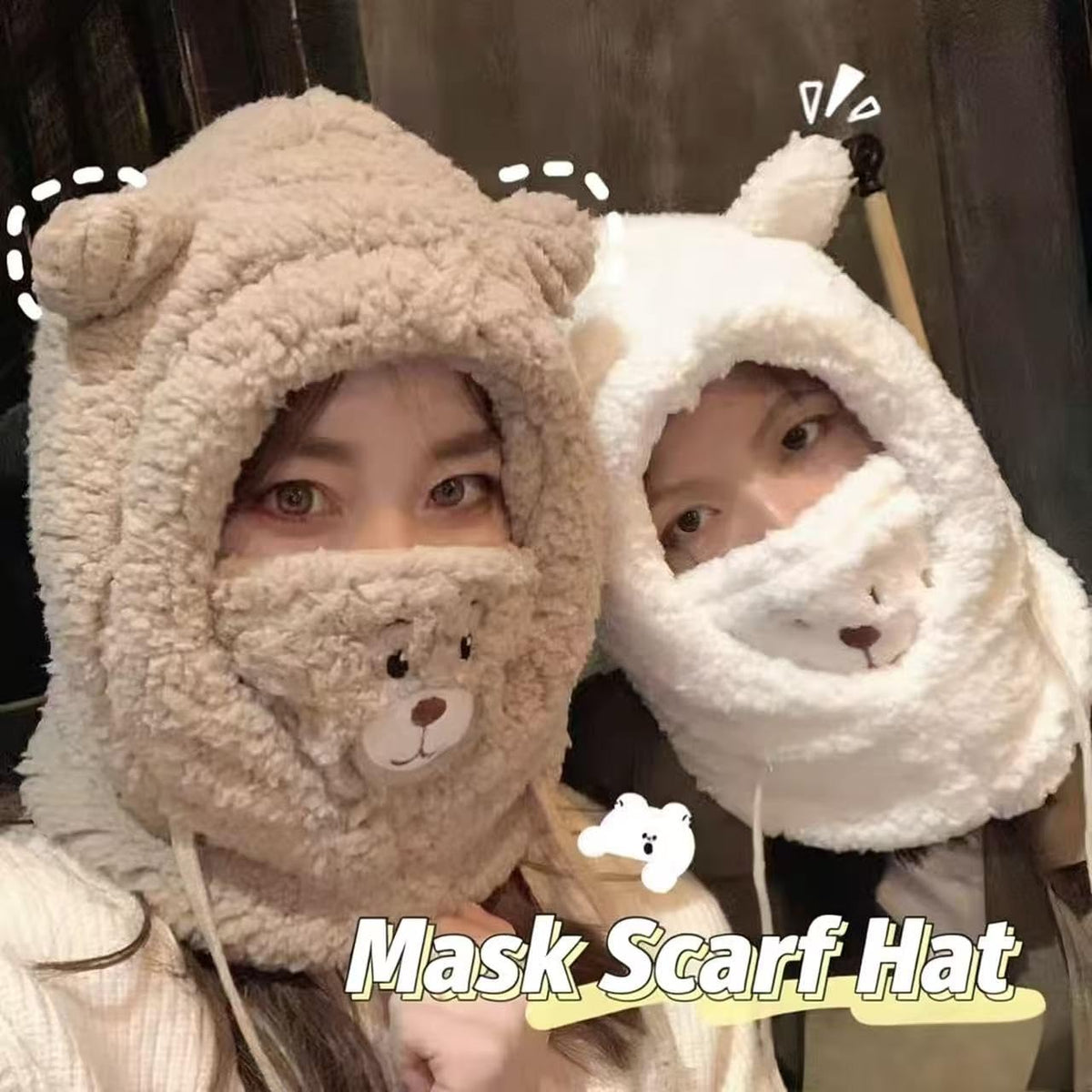Women's Cute Bear Warm Knit Hat, All-in-One Windproof Winter Scarf and Outdoor Hood