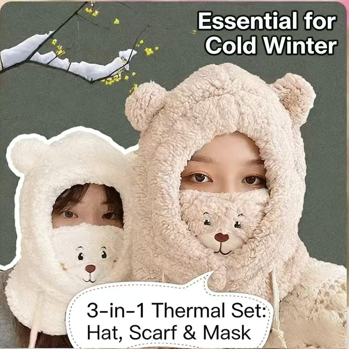 Women's Cute Bear Warm Knit Hat, All-in-One Windproof Winter Scarf and Outdoor Hood