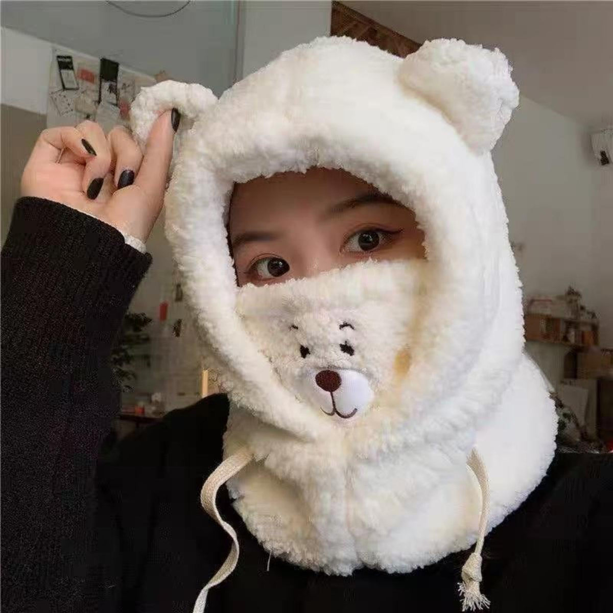 Women's Cute Bear Warm Knit Hat, All-in-One Windproof Winter Scarf and Outdoor Hood