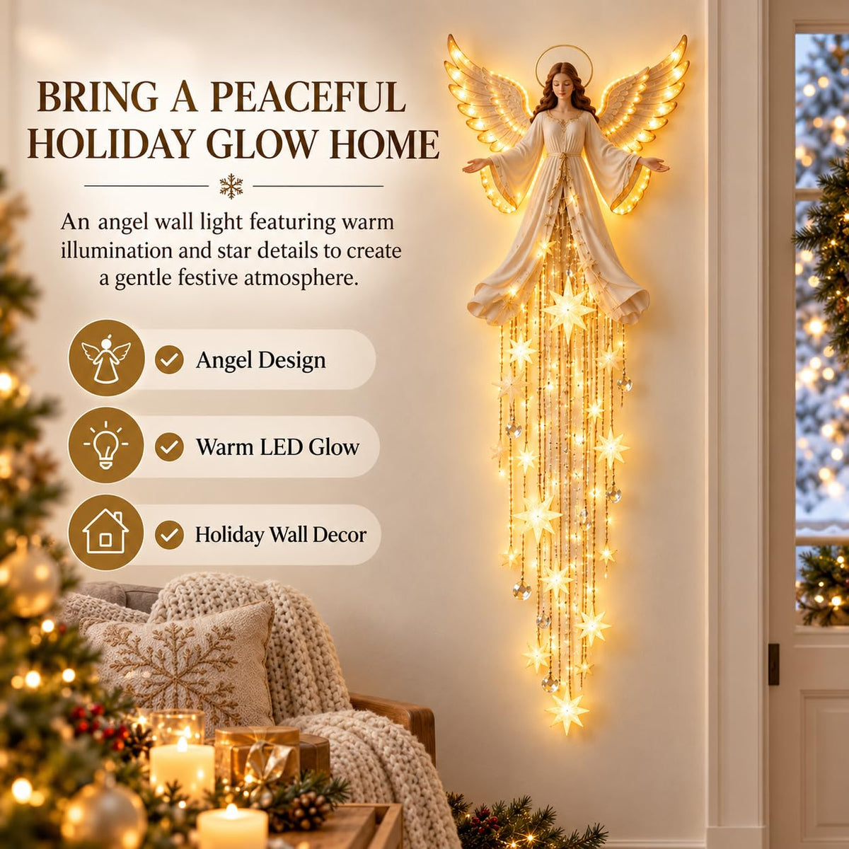 Angel Blessing Wall Light with Cascading Stars LED Holiday Decor
