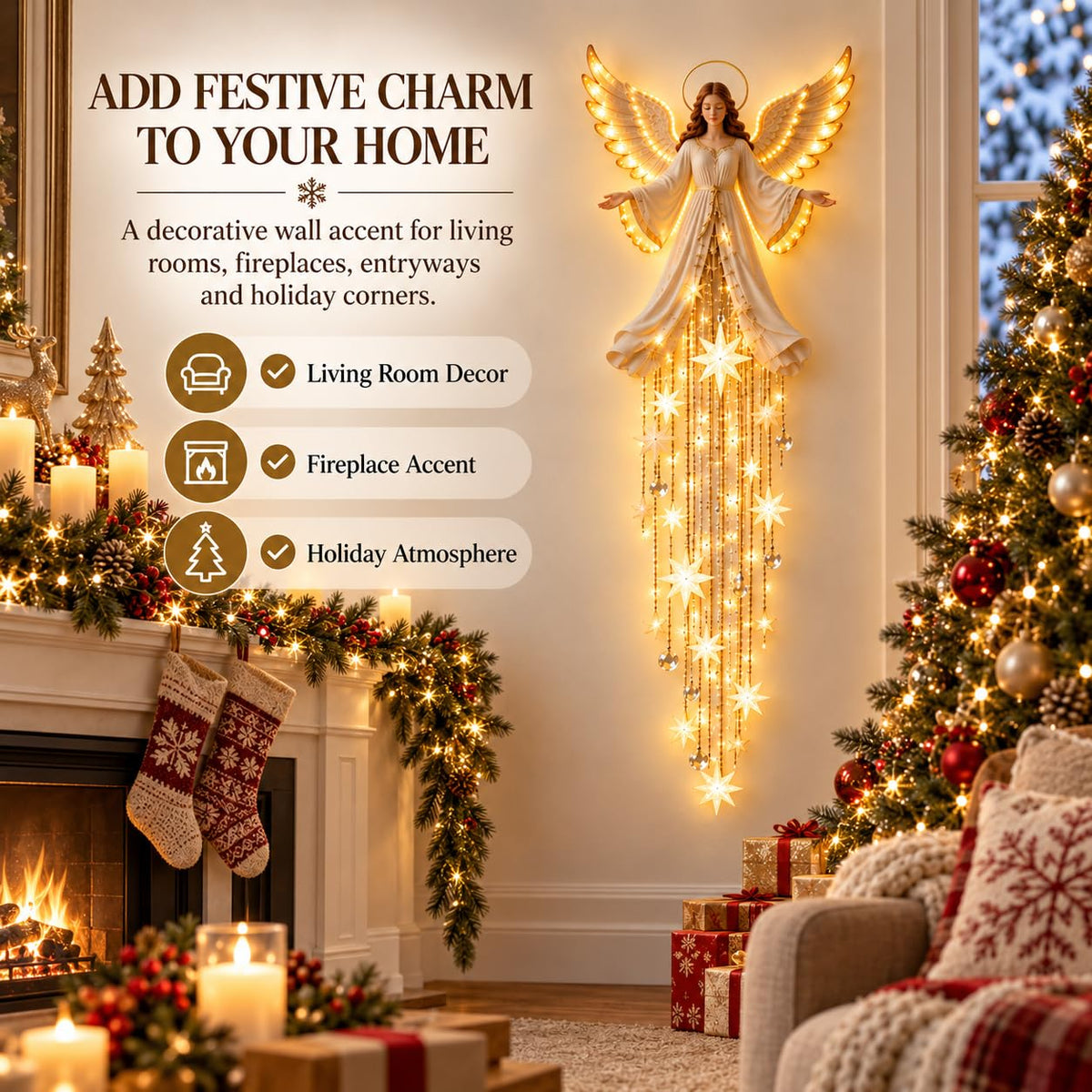 Angel Blessing Wall Light with Cascading Stars LED Holiday Decor