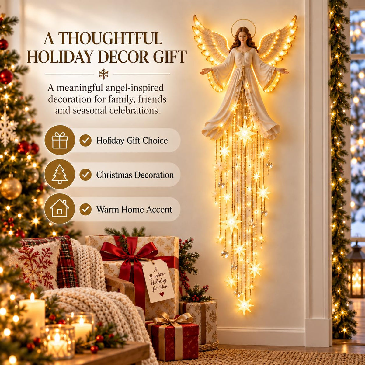 Angel Blessing Wall Light with Cascading Stars LED Holiday Decor