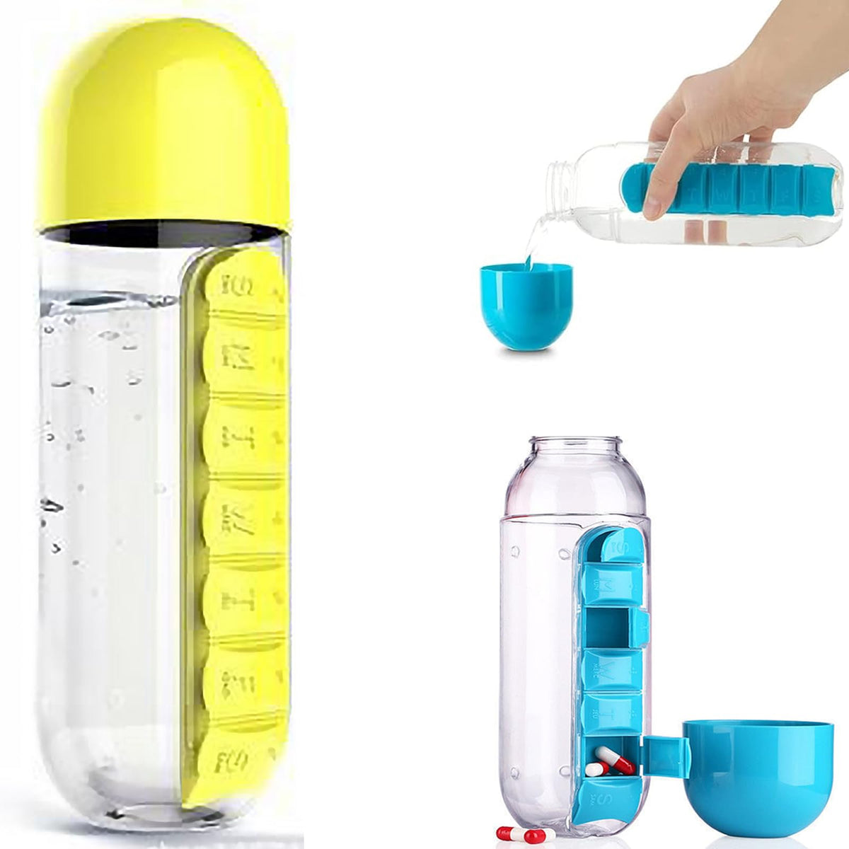 2 in 1 Pill Box Cup Organizer with Water Bottle, 7 Day Pill Organizer Case, 600 ML Daily Medicine Storage Box