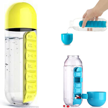 2 in 1 Pill Box Cup Organizer with Water Bottle, 7 Day Pill Organizer Case, 600 ML Daily Medicine Storage Box