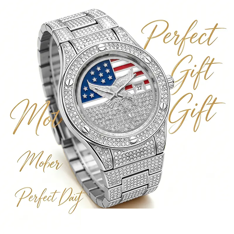 Iced Out Gold US Flag Eagle Watch Diamond Quartz Watch Luxury Wristwatch