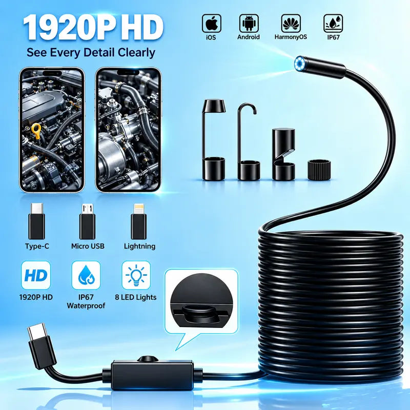 Endoscope Camera with Light, 1920P HD Borescope Tools with 8 Adjustable LED Lights