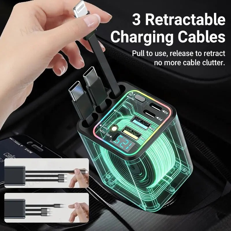 7-in-1 Retractable Car Charger: 120W Max Fast Charging Station with 3 Cables