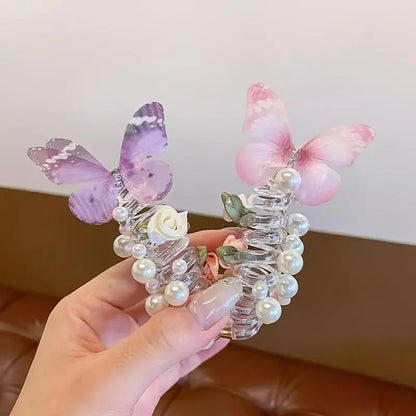 3-Piece Mesh Butterfly Telephone Cord Hair Ties - Beaded Flower Design Hair Accessories Sets