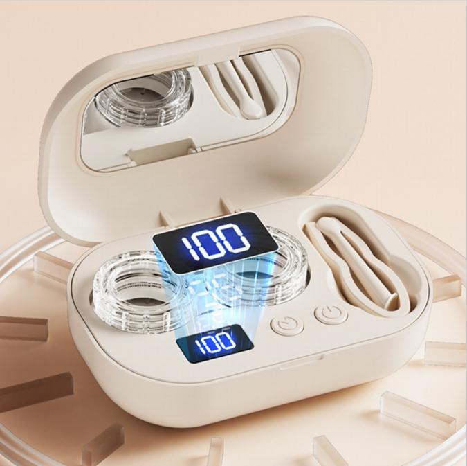 Ultrasonic Rechargeable Contact Lens Cleaner with Vanity Mirror - Portable Case for Hard & Soft Lenses