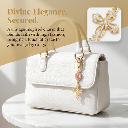 Pearl Cross Pattern Bag Charm Keychain, Vintage Baroque Rhinestone Inlaid Pendant
