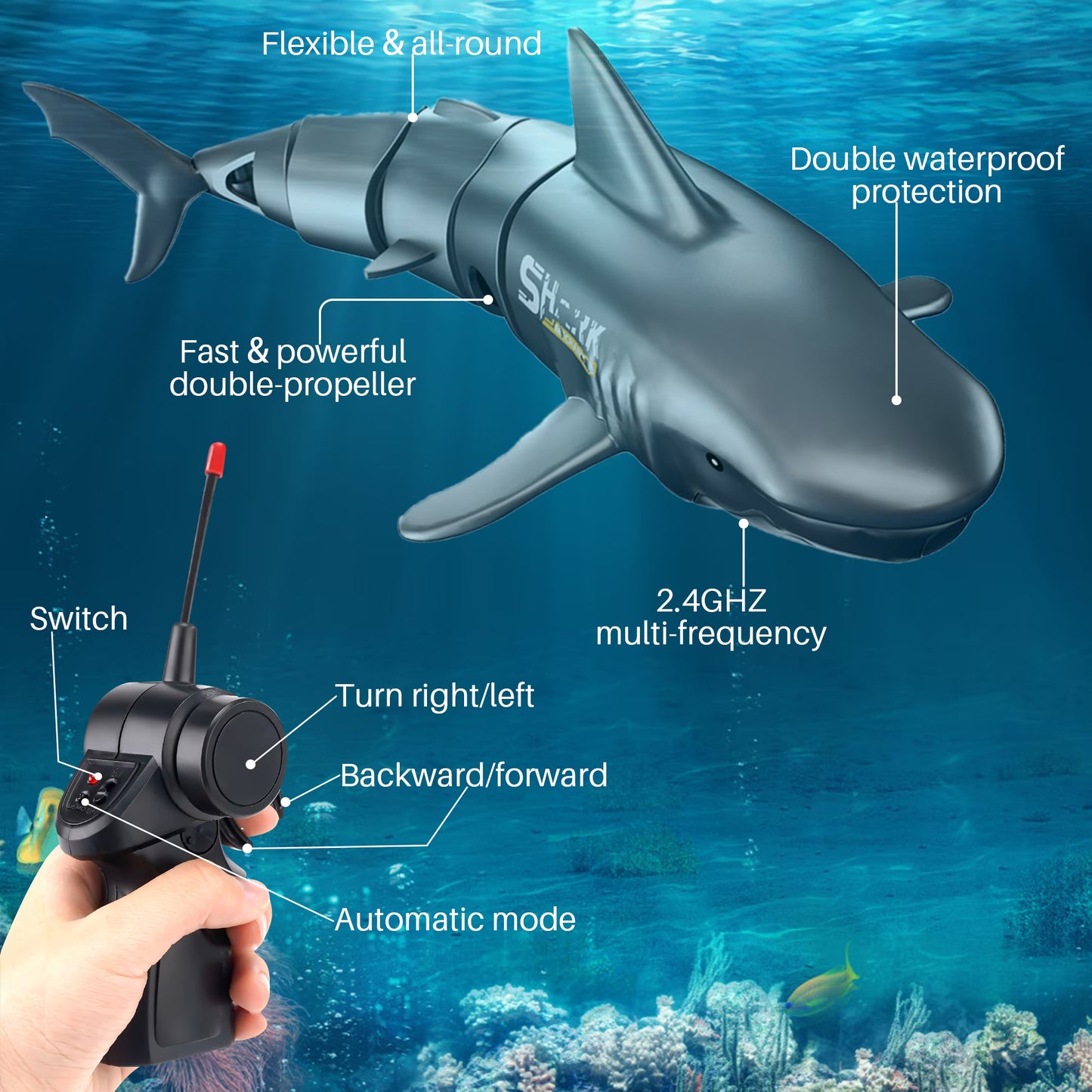 2.4G RC Diving Shark Toy Boat Swimming Pool Toys Gift for Kids Age 6+