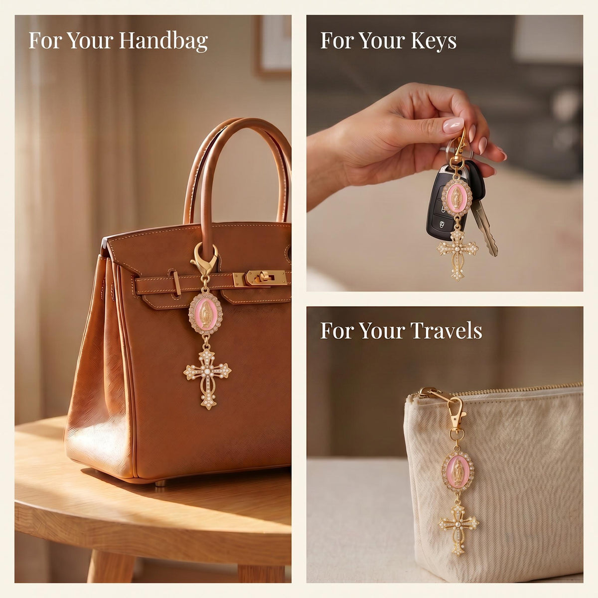 Pearl Cross Pattern Bag Charm Keychain, Vintage Baroque Rhinestone Inlaid Pendant