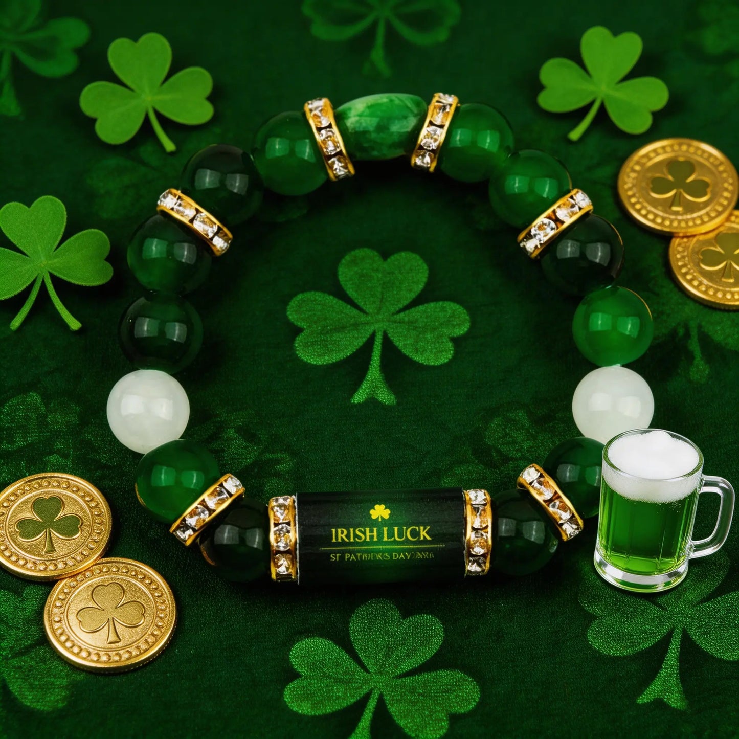 Irish Luck St. Patrick's Day Bracelet | Green Agate Lucky Clover Beaded Bracelet