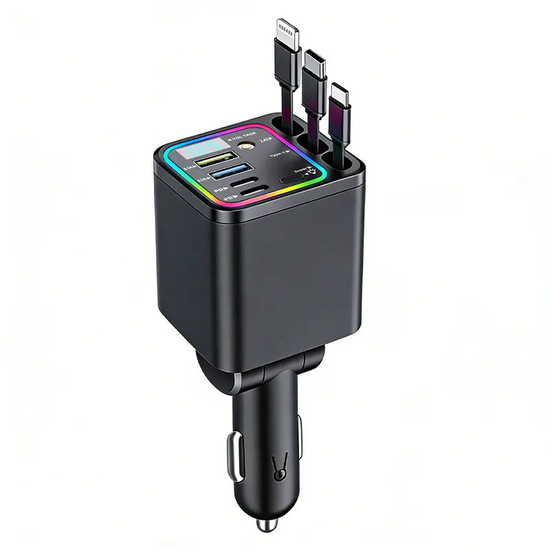 7-in-1 Retractable Car Charger: 120W Max Fast Charging Station with 3 Cables