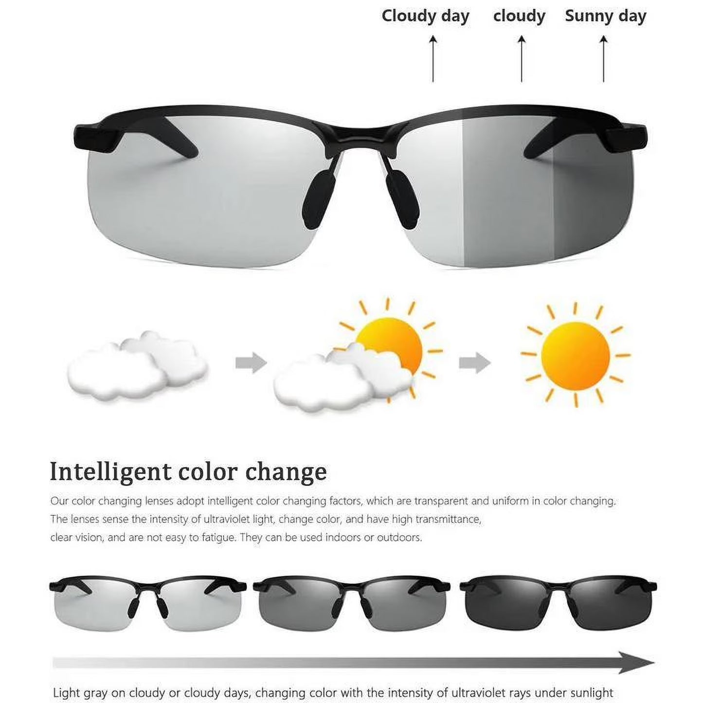 Photochromic Polarized Chameleon Sunglasses For Men Night Vision Driving Anti-Glare Eyewear