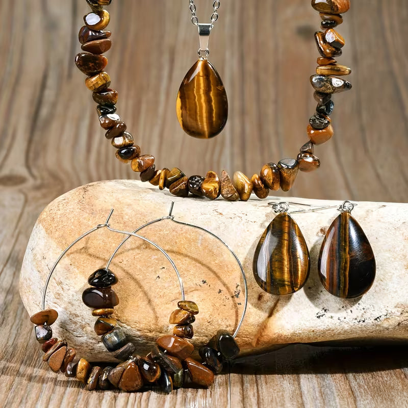 Vintage Tiger Eye Stone Necklace Earrings Jewelry Set