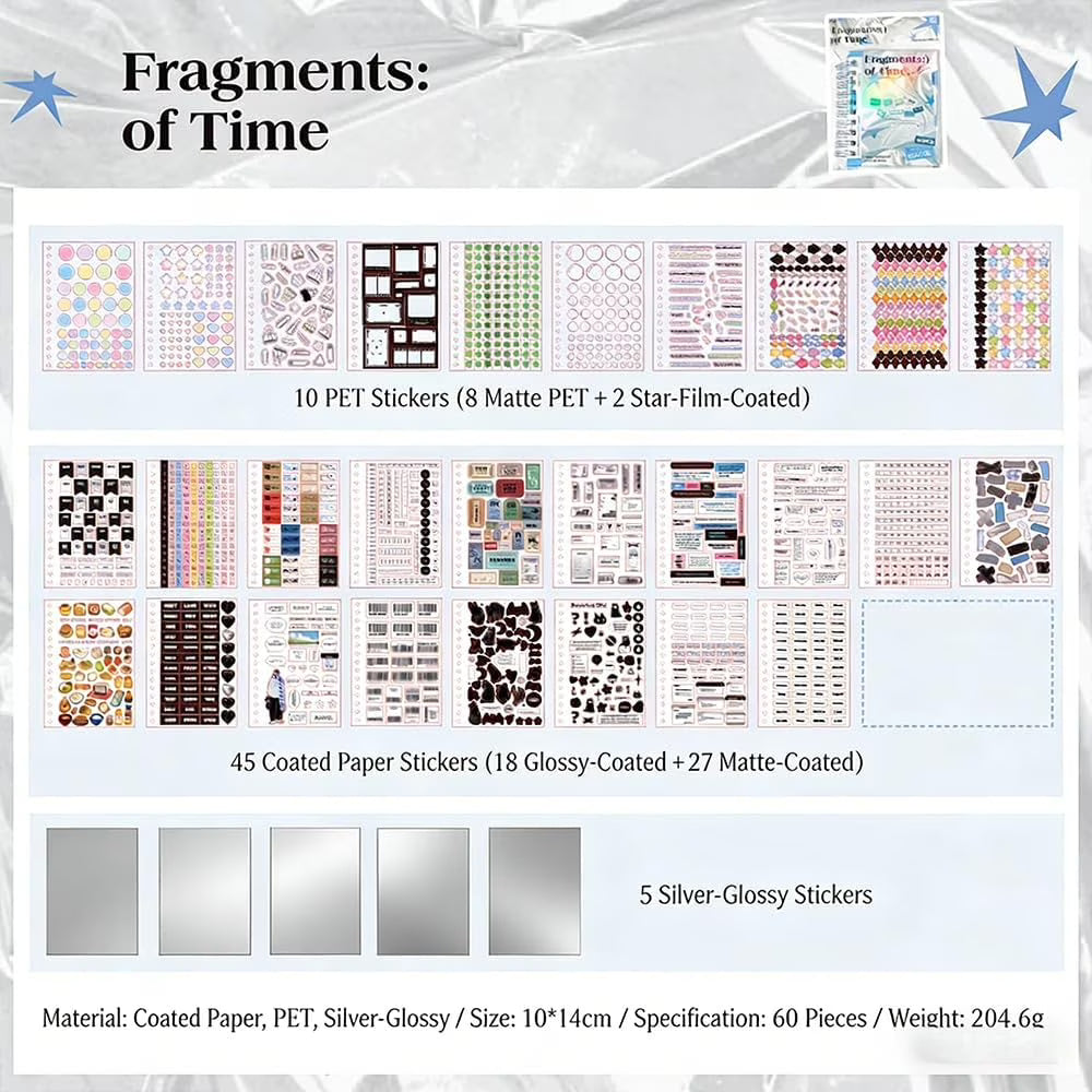 Time Fragment Sticker Book 60 Sheets, Korean Ins Style Y2K Retro Dreamcore PET Sticker Set