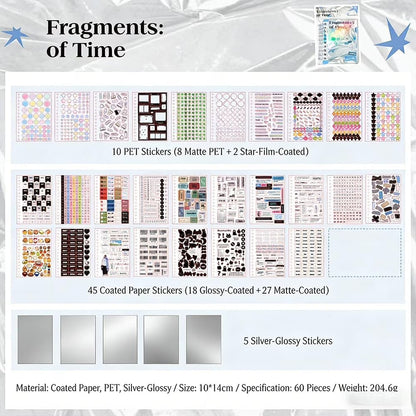 Time Fragment Sticker Book 60 Sheets, Korean Ins Style Y2K Retro Dreamcore PET Sticker Set