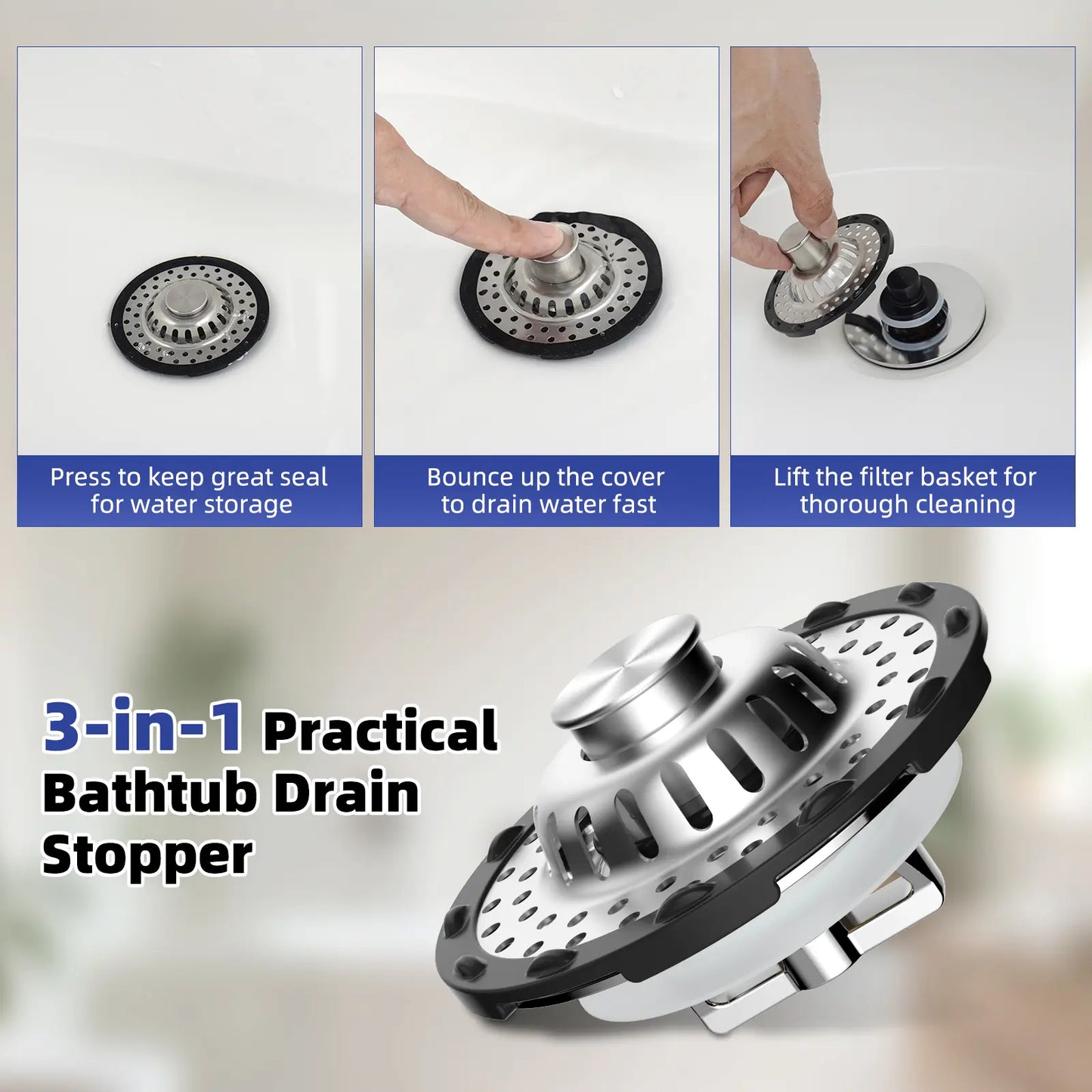 Bathtub Drain Stopper with Visible Top Hair Catcher