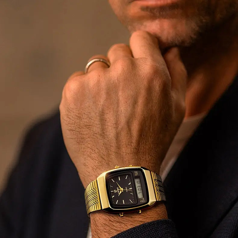 Retro Square Dial Watch for Men - Fashionable Waterproof 30M Dual Display Analog-Digital