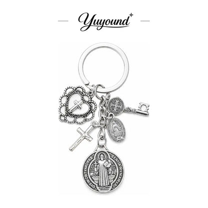 Catholic Religious Charm Key Ring with Cross Pendant , Vintage Saint Benedict Medal Keychain