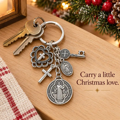 Catholic Religious Charm Key Ring with Cross Pendant , Vintage Saint Benedict Medal Keychain