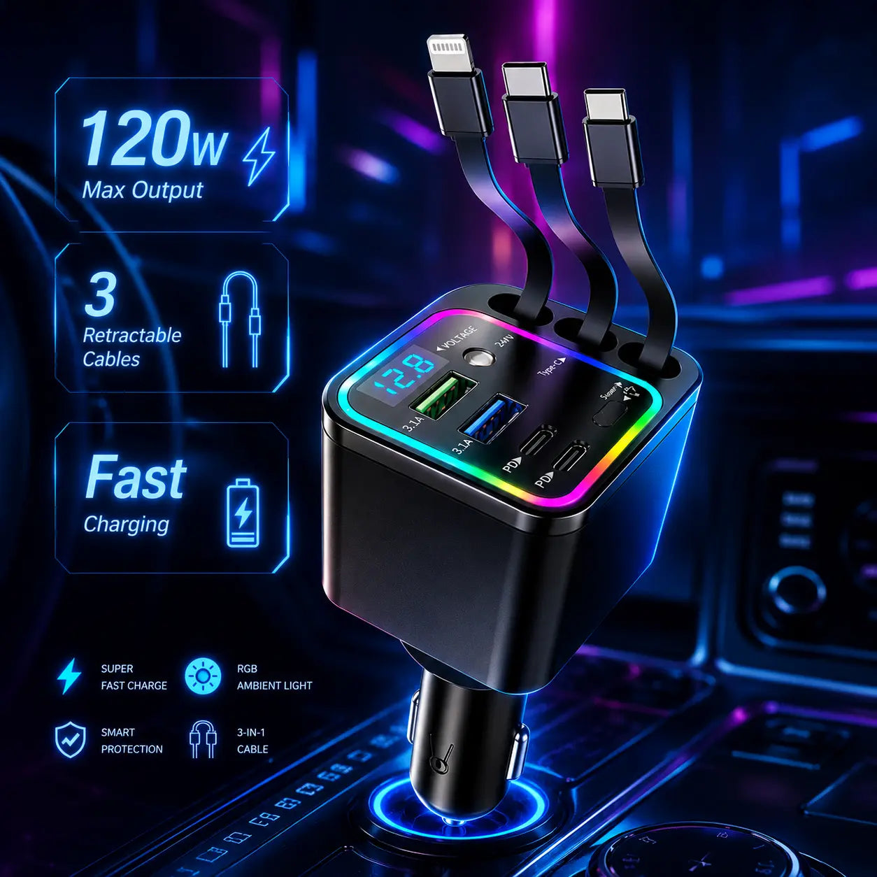 7-in-1 Retractable Car Charger: 120W Max Fast Charging Station with 3 Cables