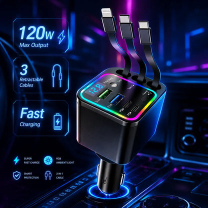 7-in-1 Retractable Car Charger: 120W Max Fast Charging Station with 3 Cables