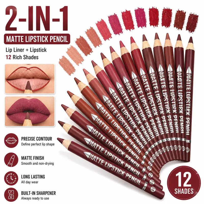 12 Pcs Matte Lip Liner Pencil Set with Built-In Sharpeners