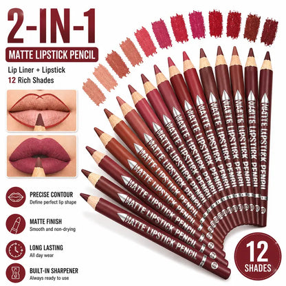 12 Pcs Matte Lip Liner Pencil Set with Built-In Sharpeners
